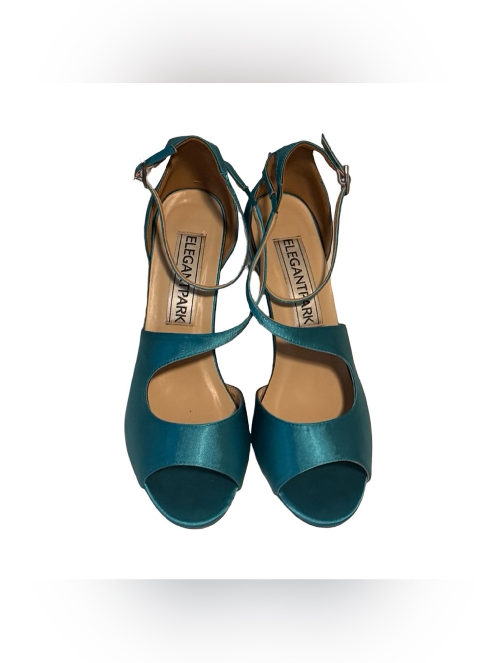 Brand New Elegant Park Teal Satin Open-Toe Heels with Ankle-Straps - SZ 9